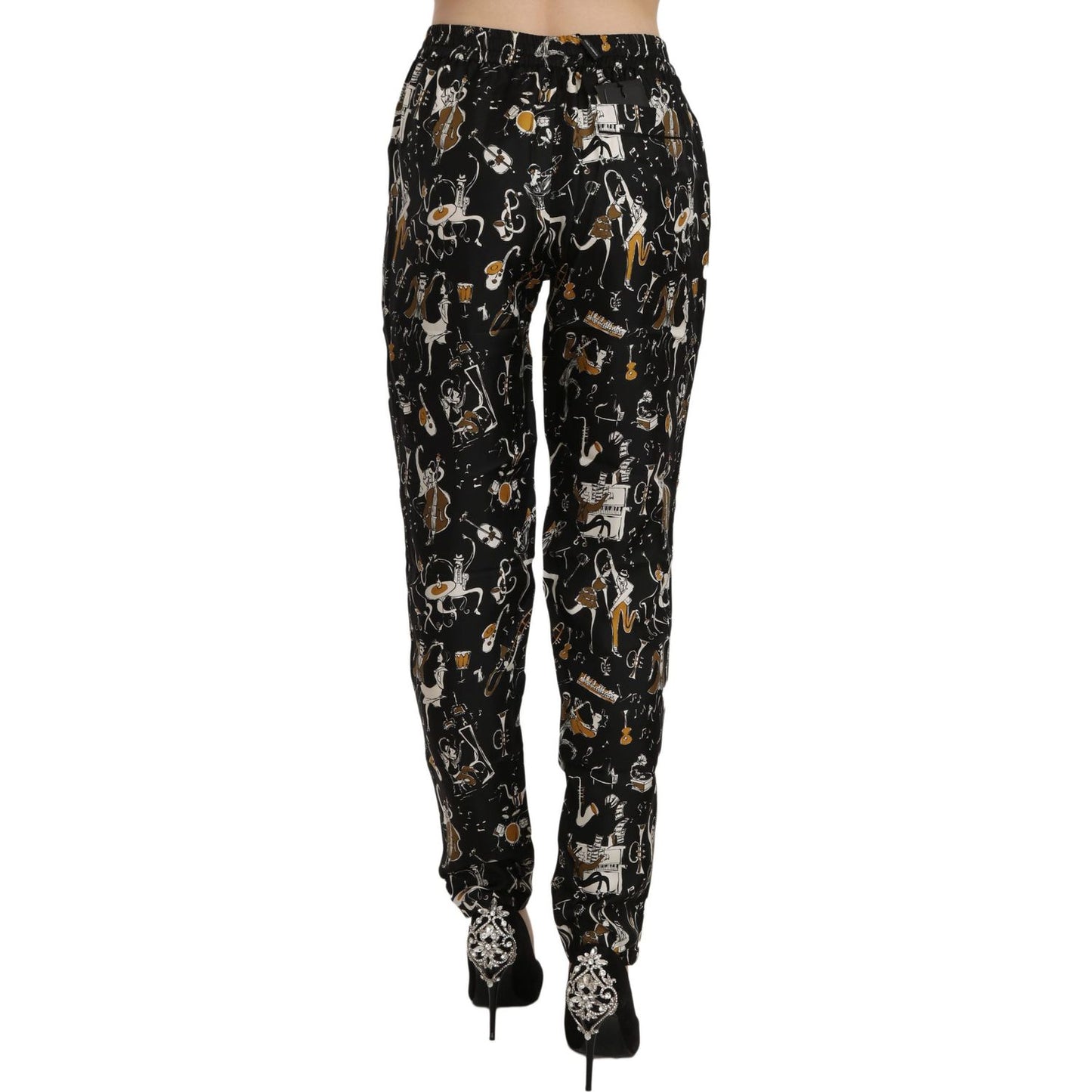 Dolce & Gabbana Black Jazz Club Print High Waist Tapered Pants Jeans & Pants