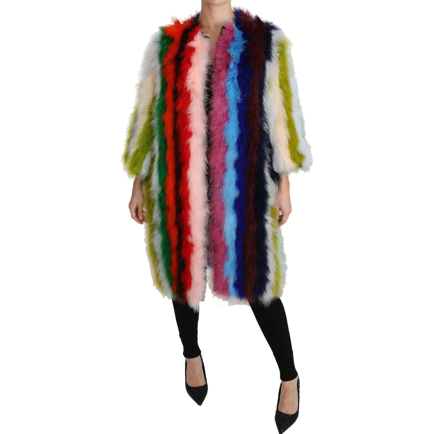 Dolce & Gabbana Multicolor Turkey Feather Cape Fur Coat Coats & Jackets