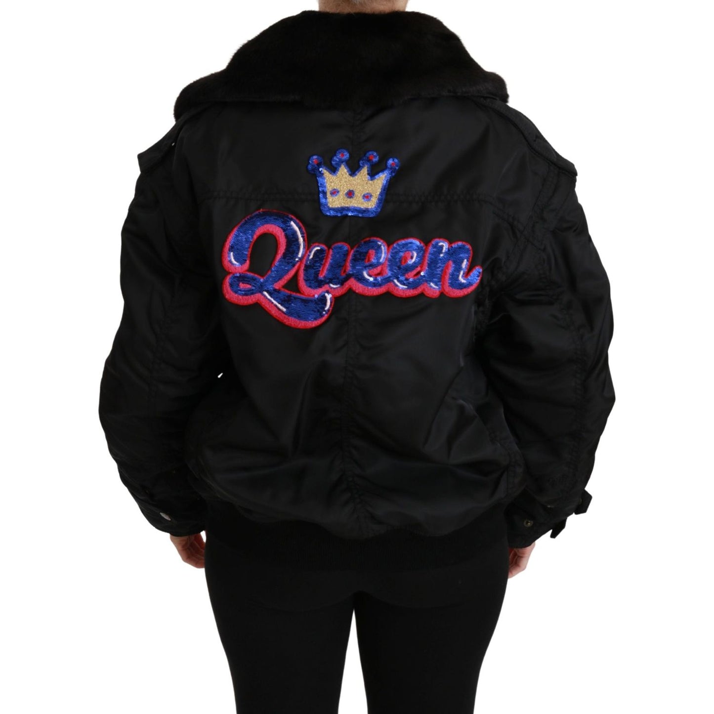 Dolce & Gabbana Black Queen Crown Sequined Bomber Jacket JKT2518-36