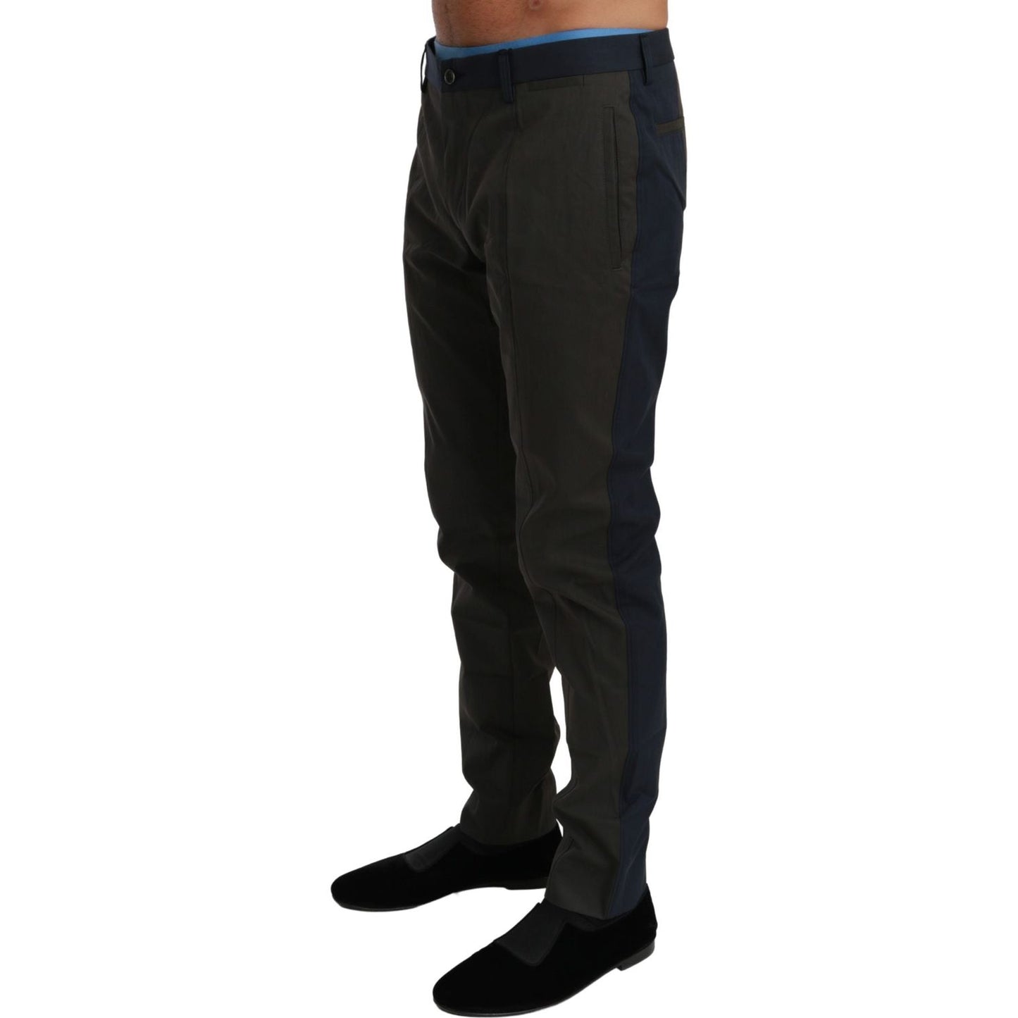Dolce & Gabbana slim fit striped casual pants in gray and blue, featuring front and back pockets, crafted from cotton and nylon blend.