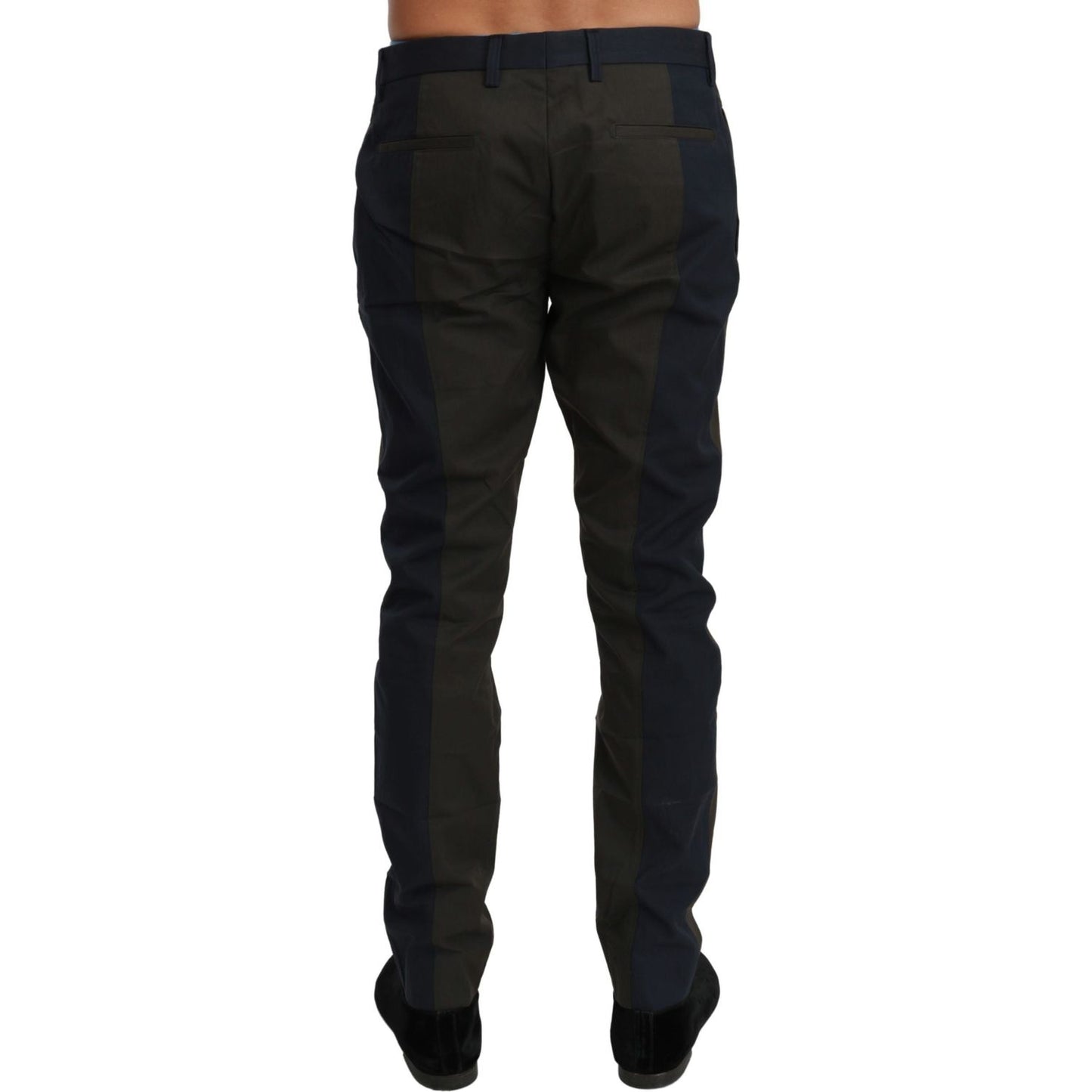 Rear view of Dolce & Gabbana gray slim fit pants with blue stripes, showcasing elegant Italian craftsmanship and tailored design.