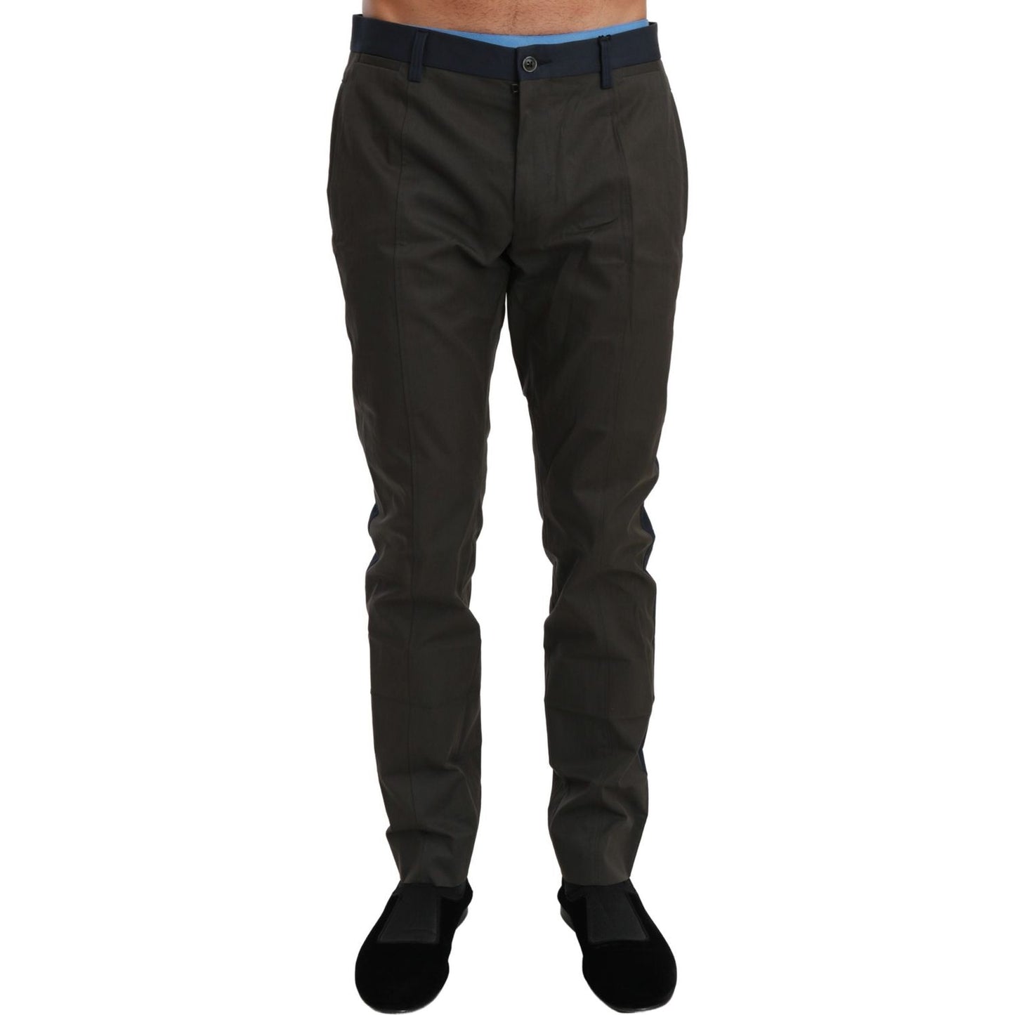 Dolce & Gabbana slim fit gray striped casual pants with blue accents, showcasing Italian craftsmanship and front pockets.