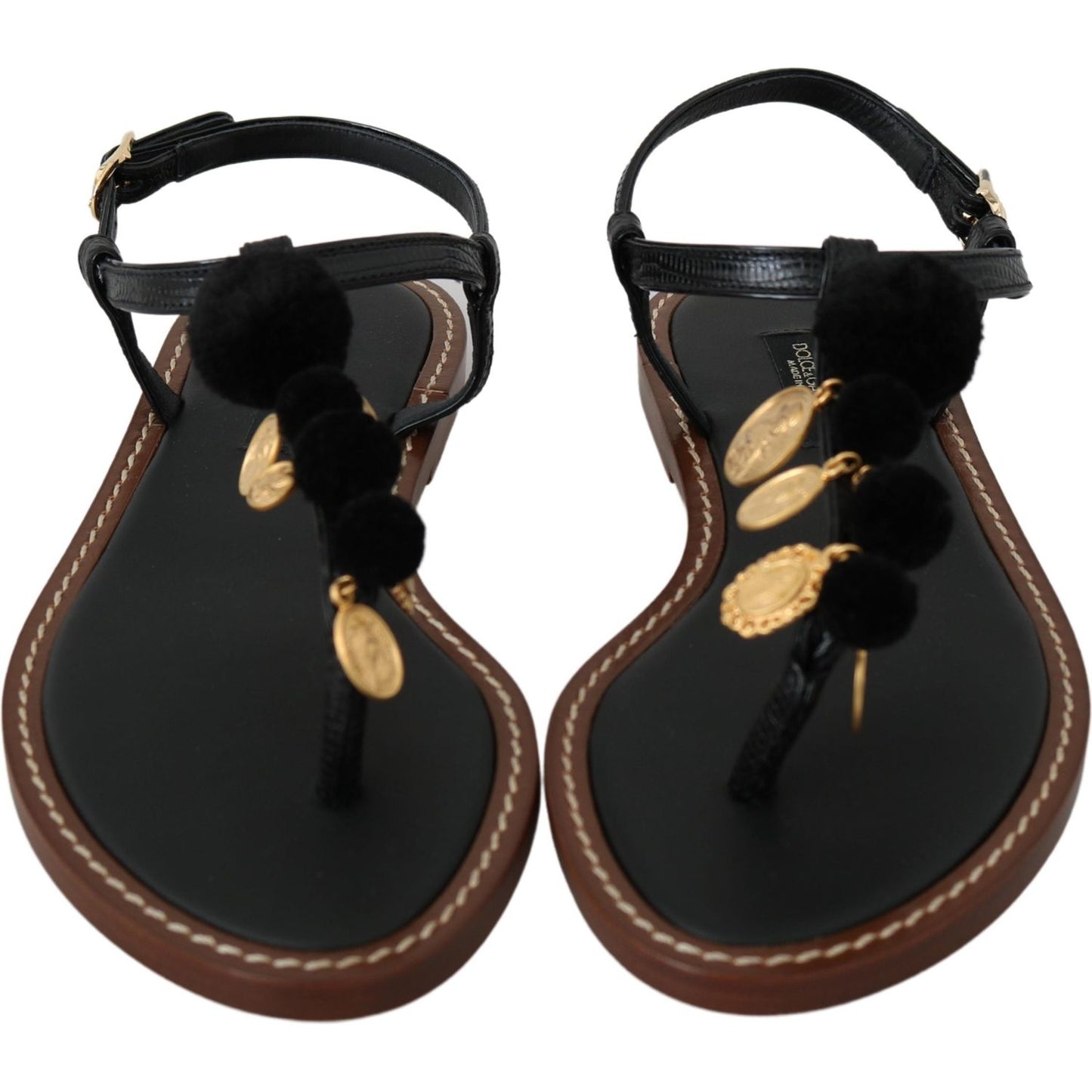 Dolce & Gabbana Pom Pom Flip Flop Ankle Strap Flats