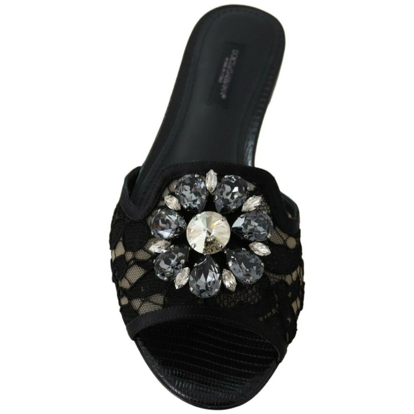 Dolce & Gabbana Elegant Black Lace Mules with Jewel Flower Detail Dolce & Gabbana Black