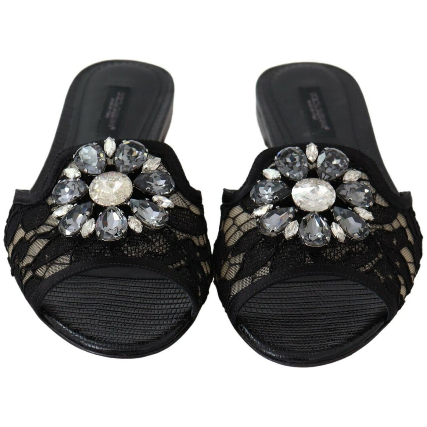 Dolce & Gabbana Elegant Black Lace Mules with Jewel Flower Detail Dolce & Gabbana Dark Slate Gray