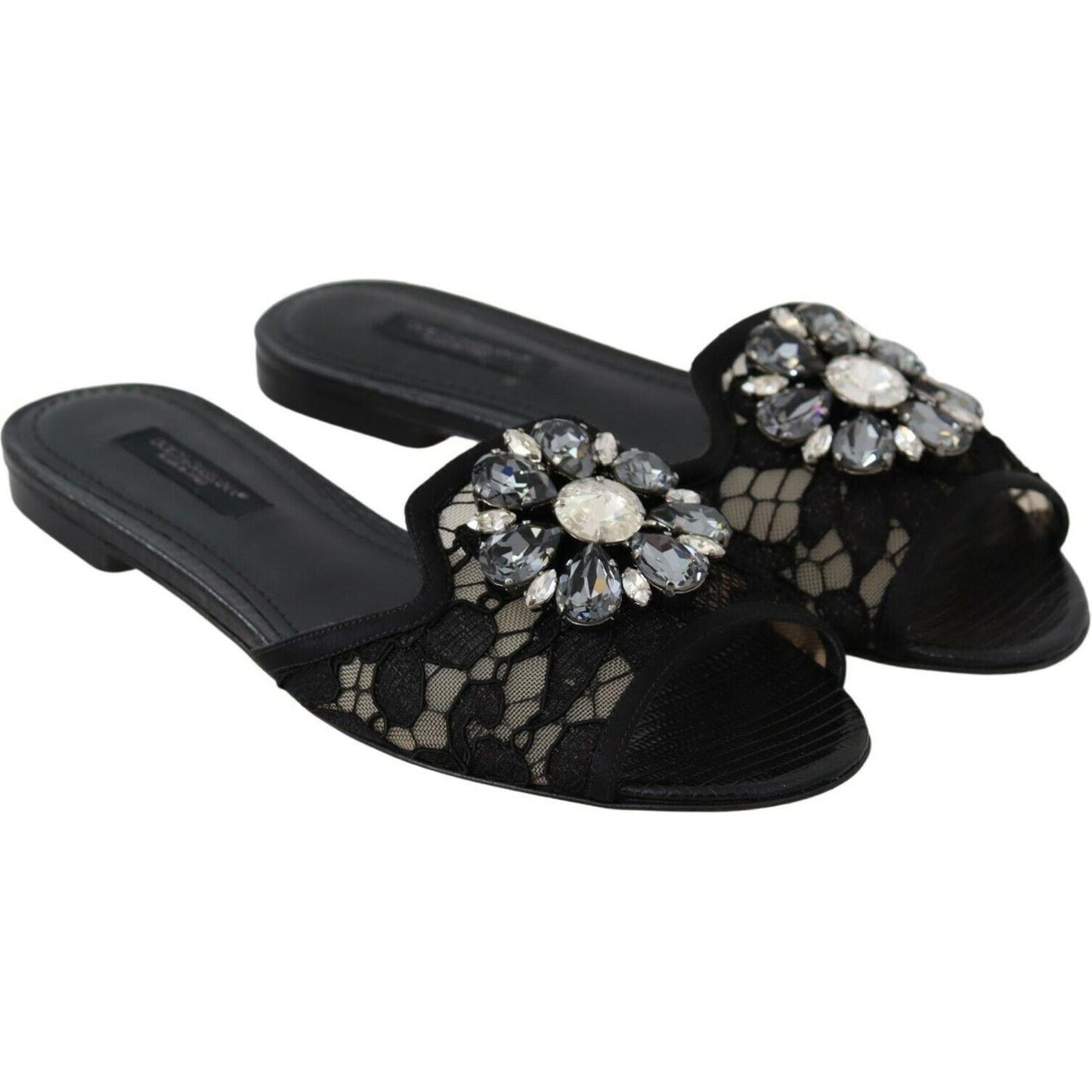 Dolce & Gabbana Elegant Black Lace Mules with Jewel Flower Detail Dolce & Gabbana Dark Slate Gray