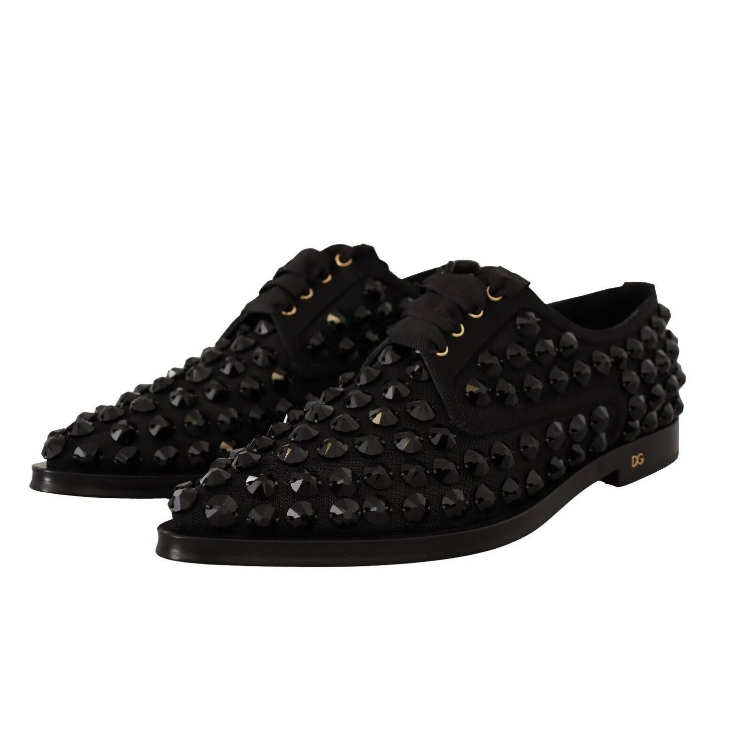 Dolce & Gabbana Black Lace Up Studded Formal Flats Shoes