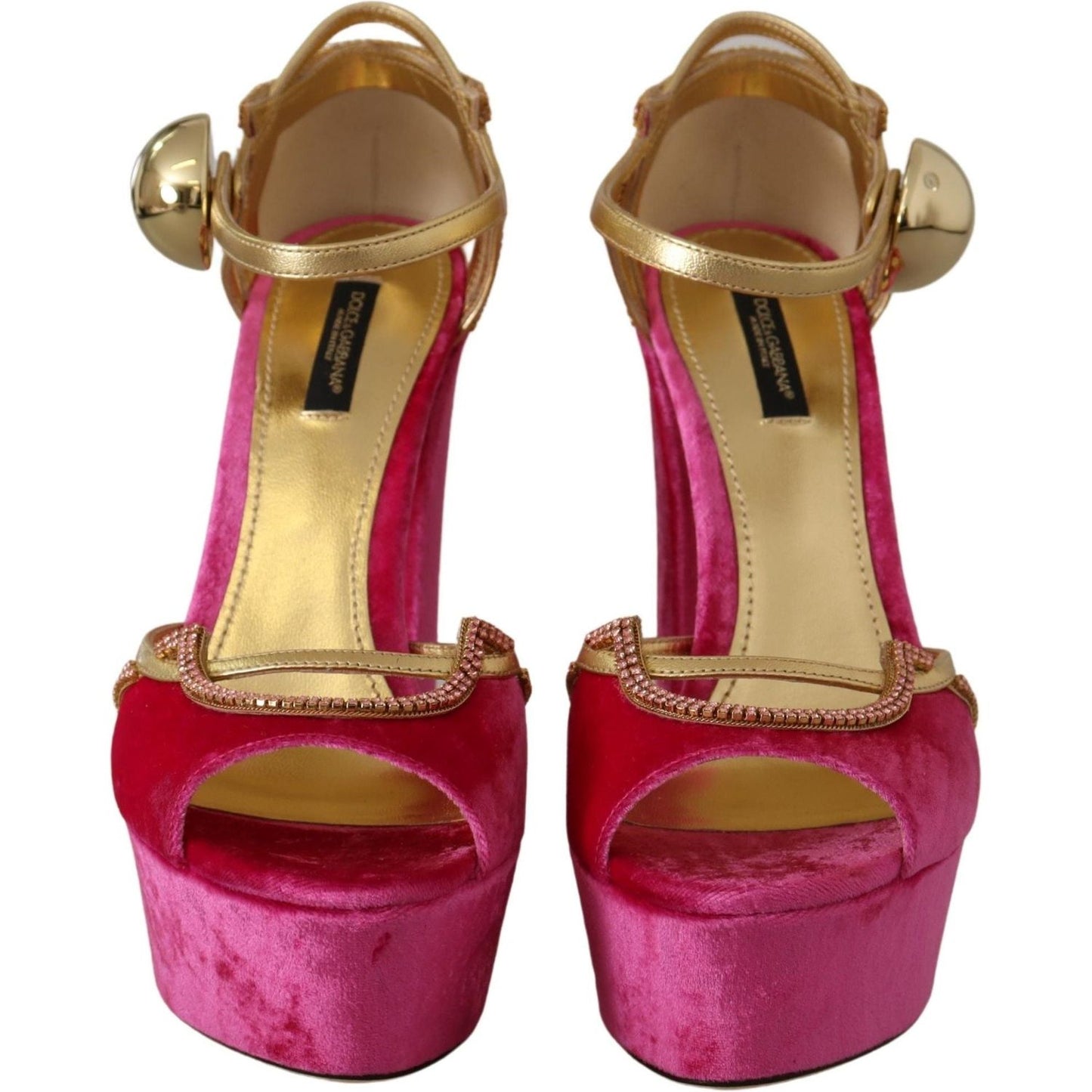 Dolce & Gabbana Pink Velvet Crystal Ankle Strap Sandals Shoes