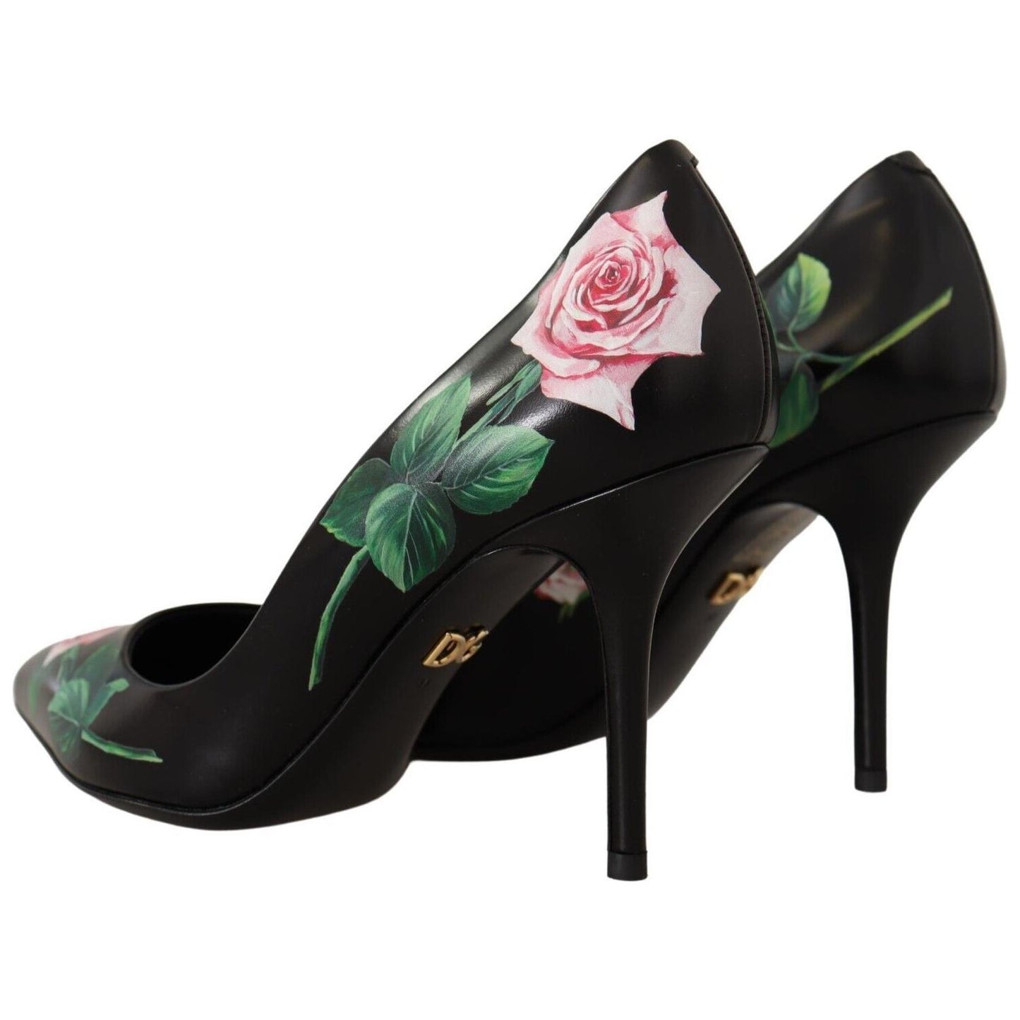 Dolce & Gabbana Elegant Black Rose Print Leather Heels Dolce & Gabbana Black