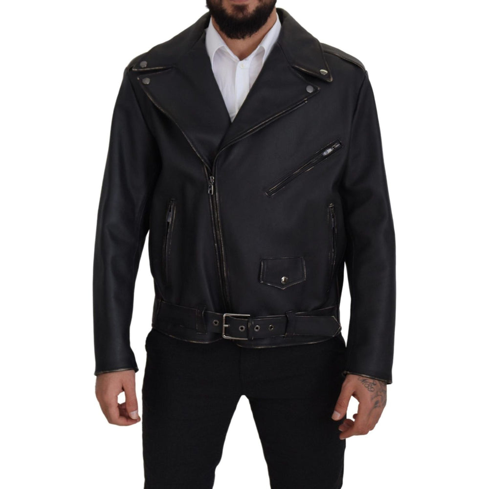 Dolce & Gabbana Elegant Black Leather Biker Jacket Dolce & Gabbana Black