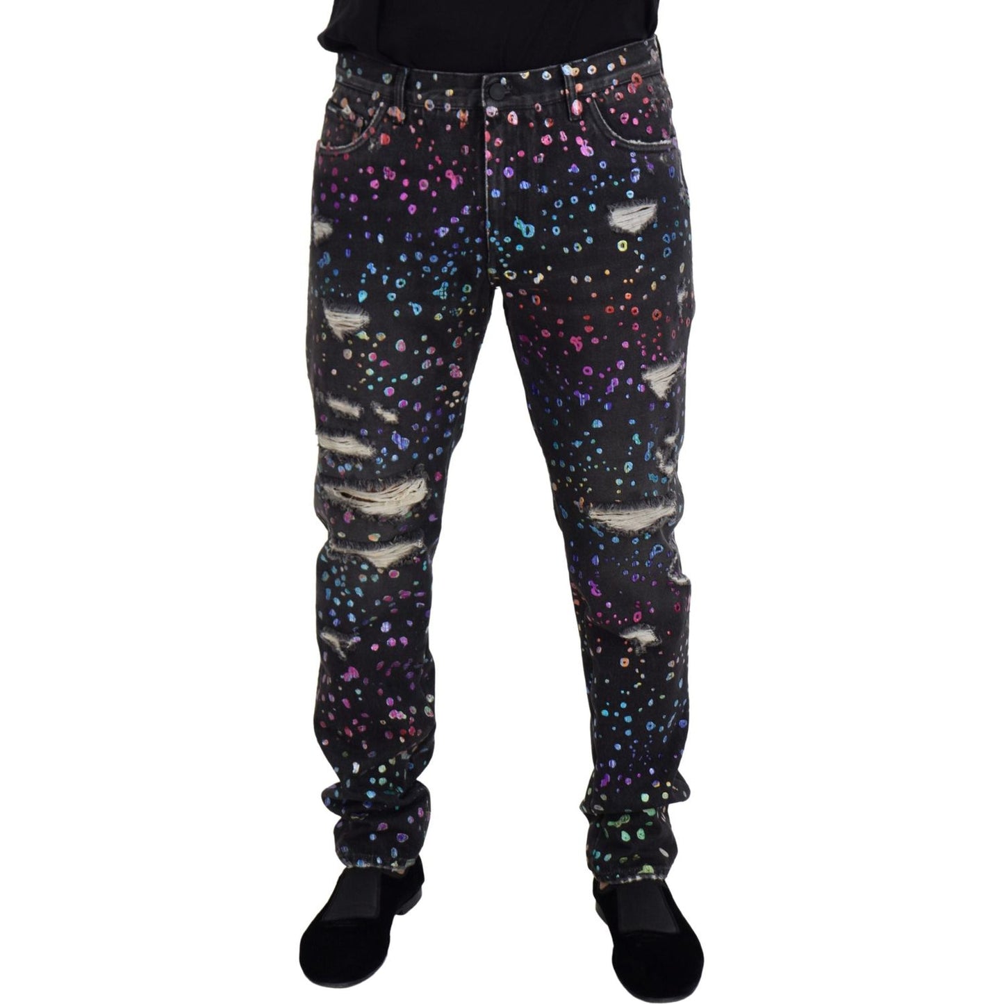 Dolce & Gabbana Black Multicolor Print Tattered Denim Jeans PAN73302 - 50