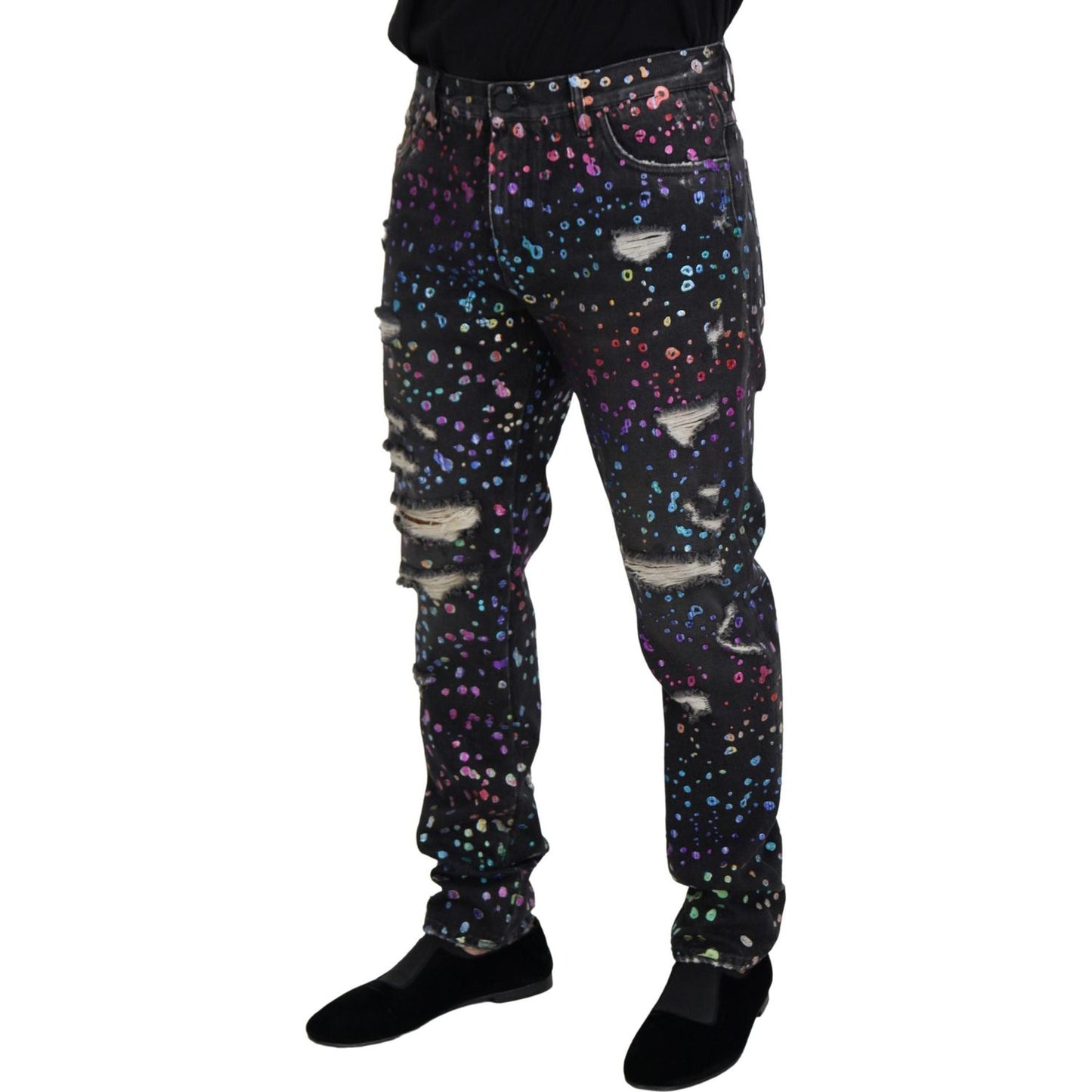Dolce & Gabbana Black Multicolor Print Tattered Denim Jeans PAN73302 - 50