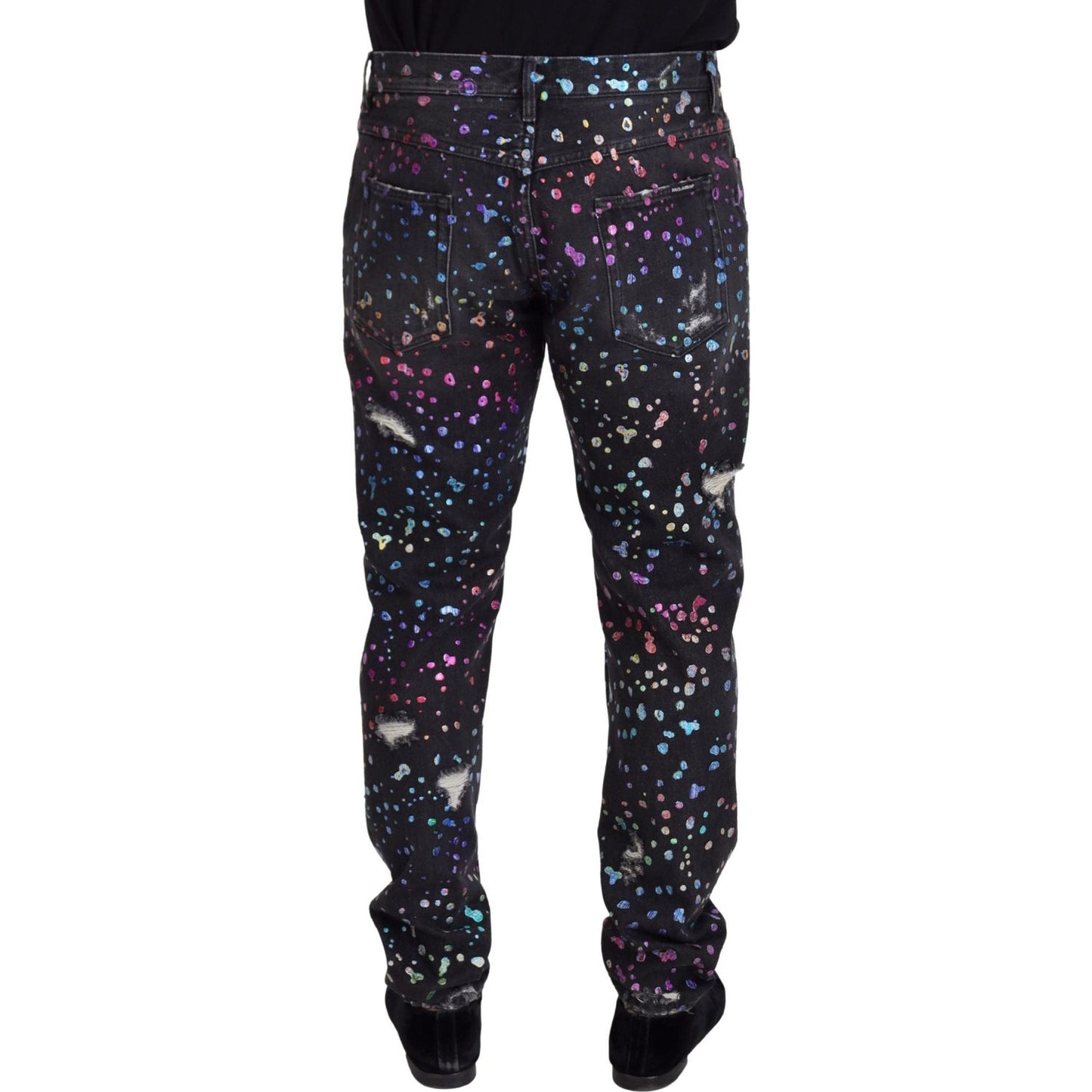 Dolce & Gabbana Black Multicolor Print Tattered Denim Jeans PAN73302 - 50