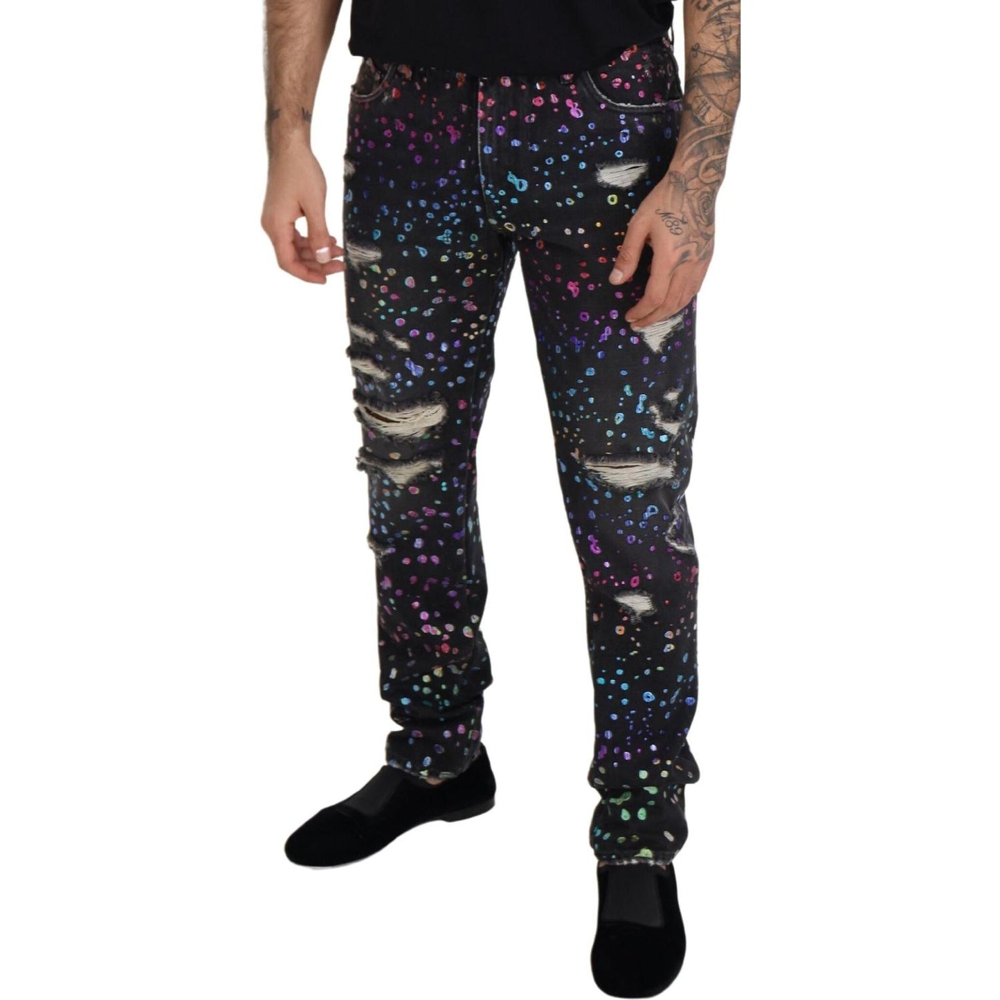 Dolce & Gabbana Black Multicolor Print Tattered Denim Jeans PAN73302 - 50