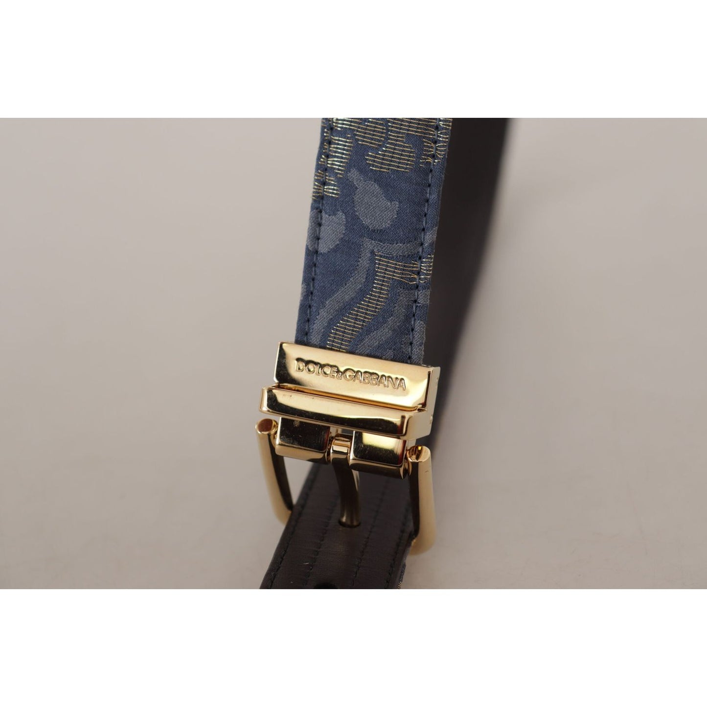 Dolce & Gabbana Navy Blue Jacquard Gold Tone Logo Metal Buckle Belt WMB108 - 75