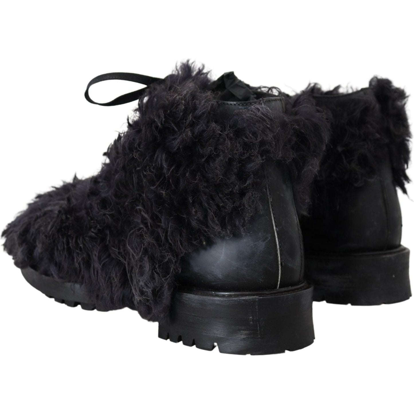 Dolce & Gabbana Black Leather Combat Shearling Boots Shoes MV4924- 42