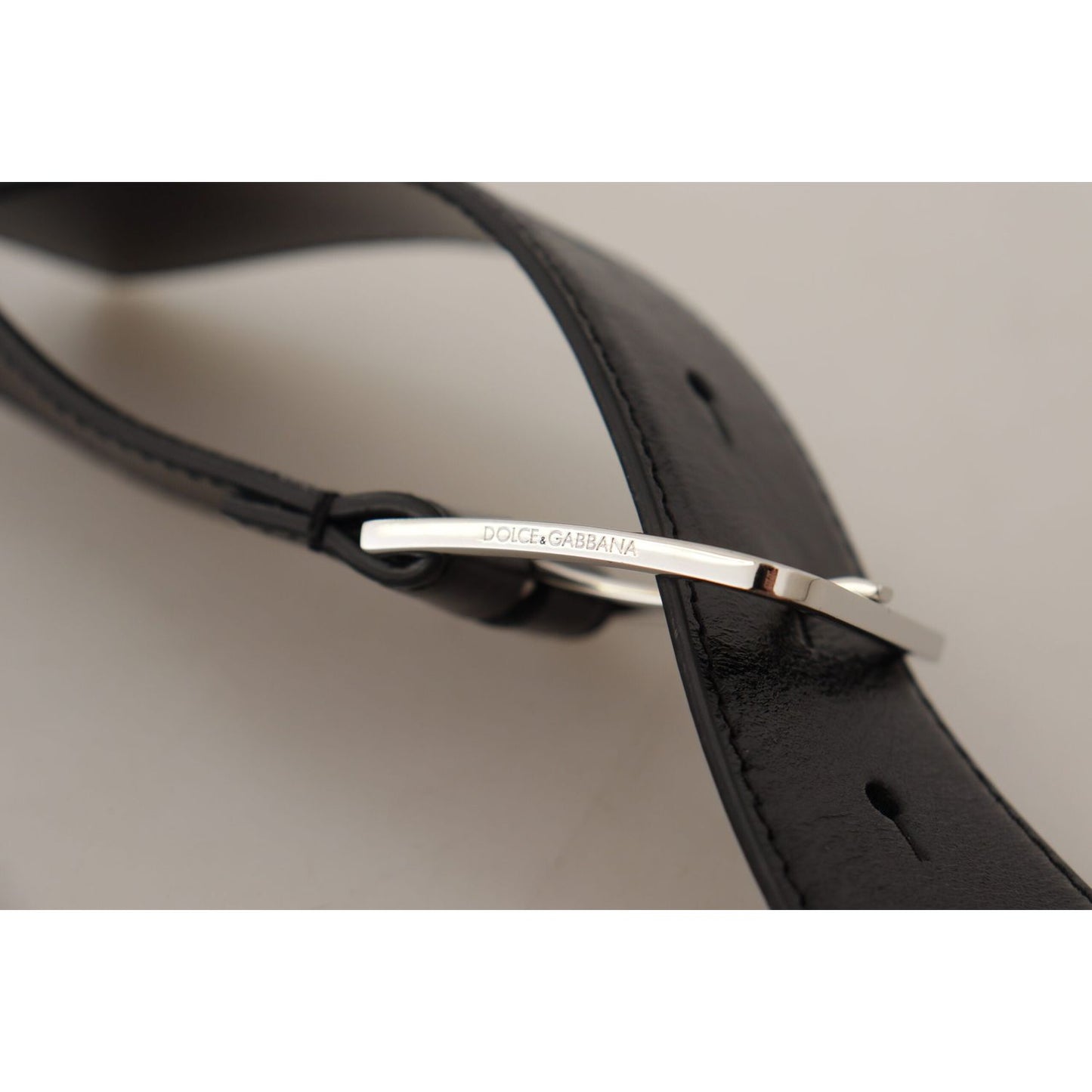 Dolce & Gabbana Black Calf Leather Logo Engraved Metal Buckle Belt