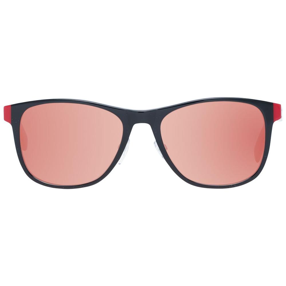 Adidas black men's sunglasses with pink mirrored lenses, full-rim trapezium frame made of plastic, includes branded case, 100% UV protection.