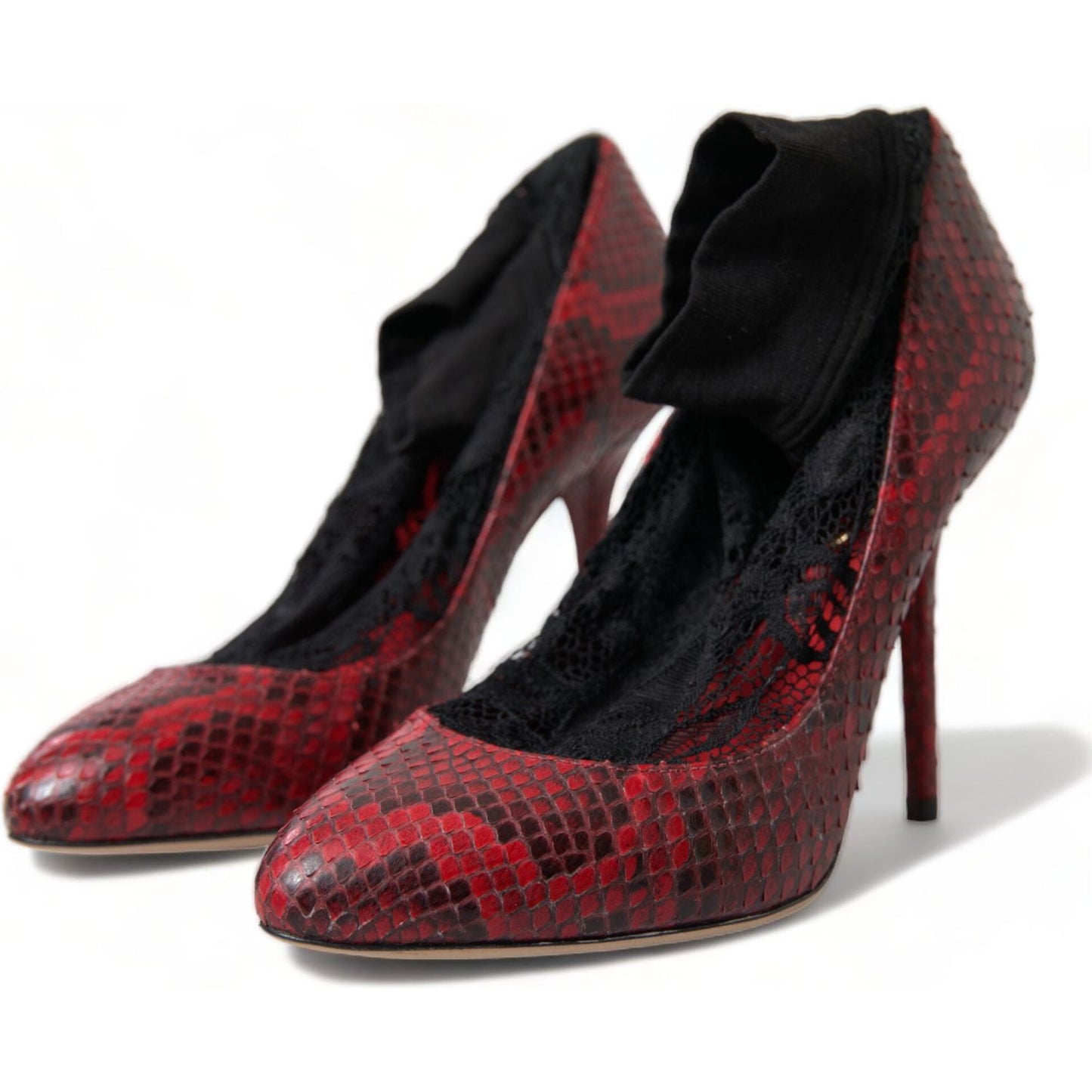 Dolce & Gabbana Red Almond Toe Snakeskin Pumps with Lace Socks Dolce & Gabbana Black