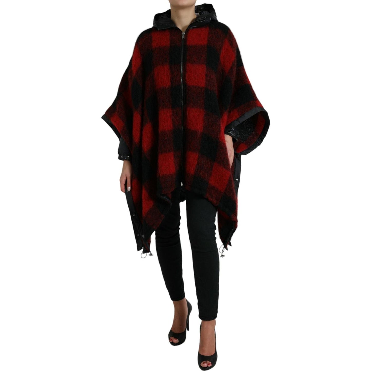 Dolce & Gabbana Black Red Buffalo Check Hooded Poncho Jacket JKT3726-40