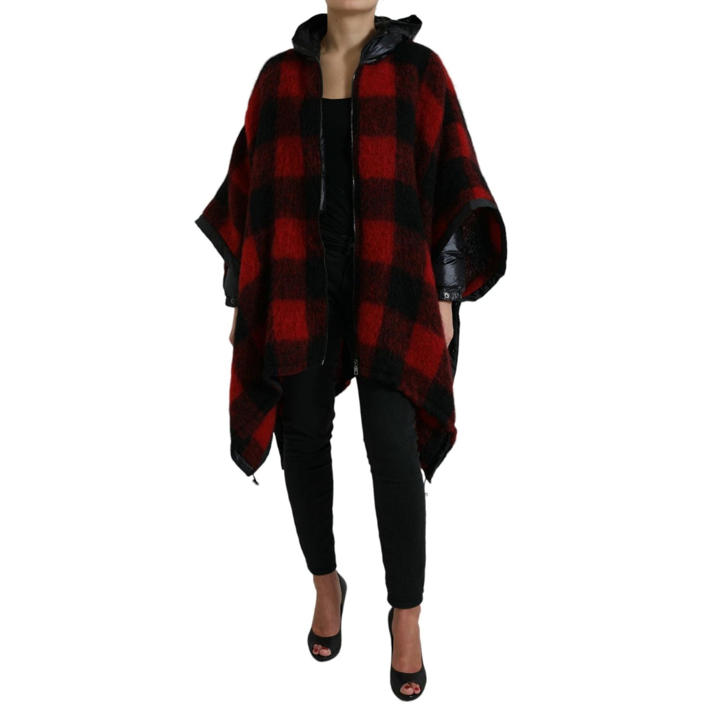 Dolce & Gabbana Black Red Buffalo Check Hooded Poncho Jacket JKT3726-40