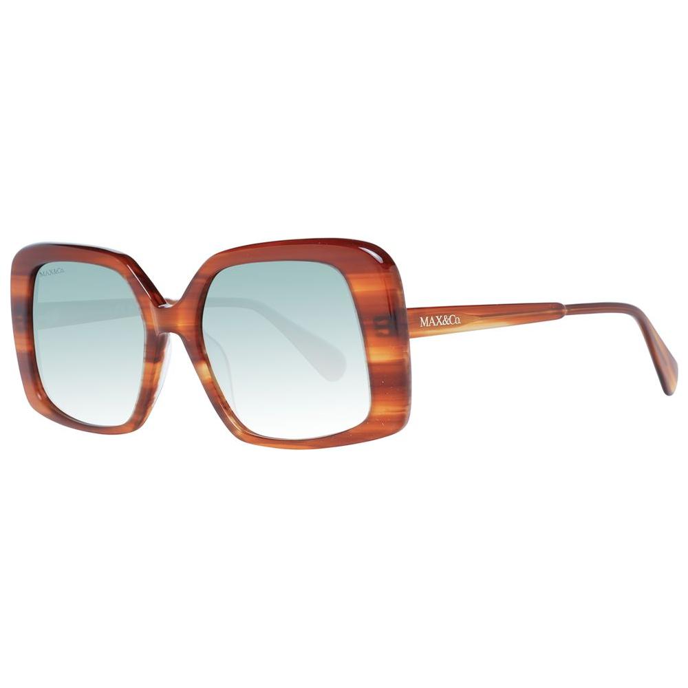 Max & Co brown women's square sunglasses with gradient green lenses, full-rim plastic frame, UVA & UVB protection, includes branded case.