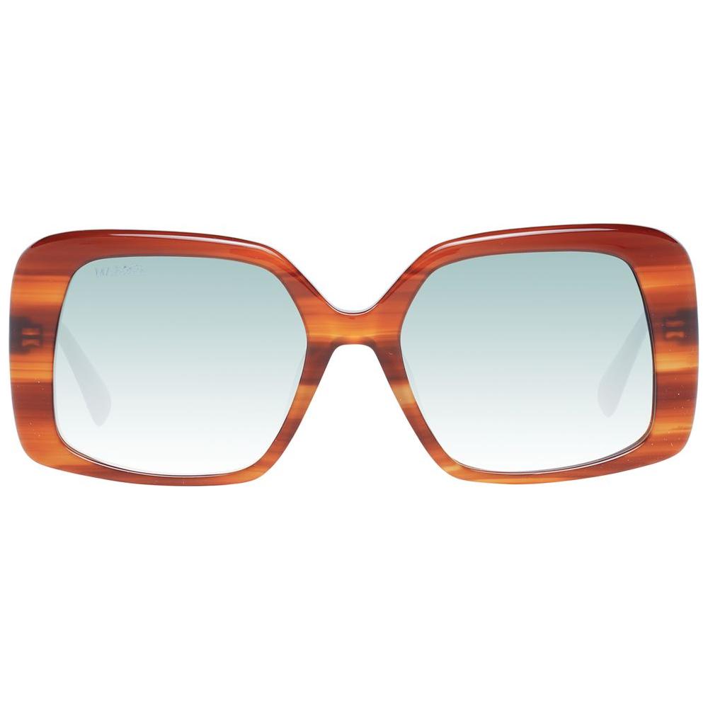 Max & Co brown square women's sunglasses with brown plastic frame, green gradient lenses, and full-rim style, 100% UVA & UVB protection.
