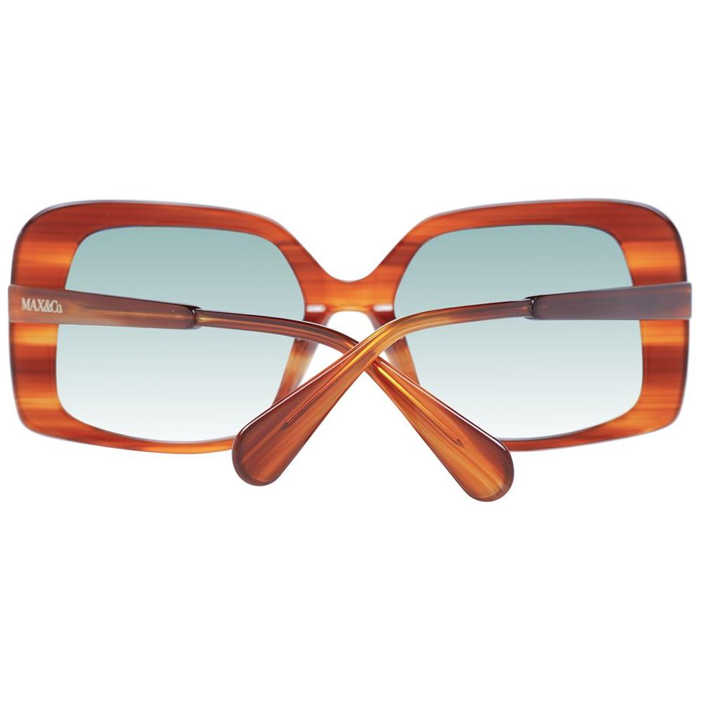 Max & Co brown women's sunglasses with plastic frame, square full-rim style, green gradient lenses, and 100% UVA & UVB protection.