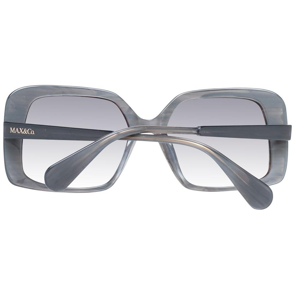 Max & Co gray women's sunglasses with plastic frame, gradient lenses, full-rim square style, includes branded case, 100% UV protection.