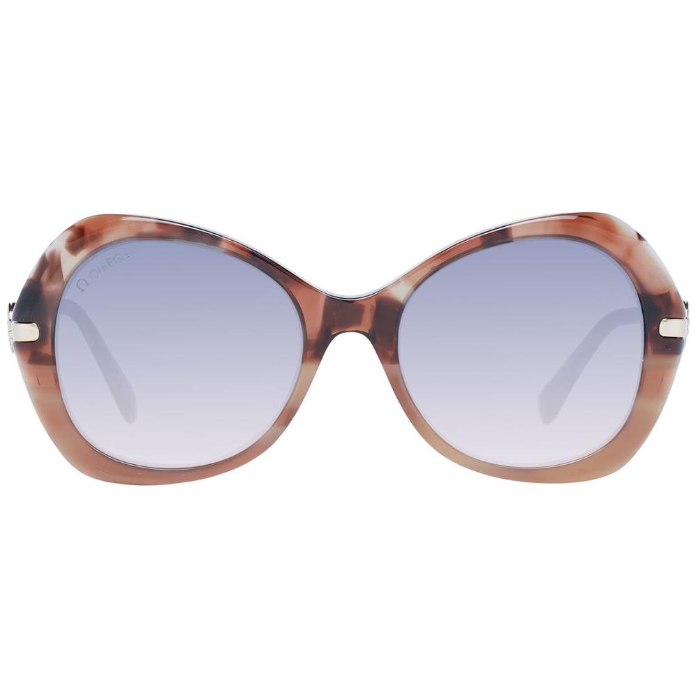 Omega brown women's butterfly sunglasses with full-rim plastic frame, blue gradient lenses, UVA & UVB protection, in branded case.
