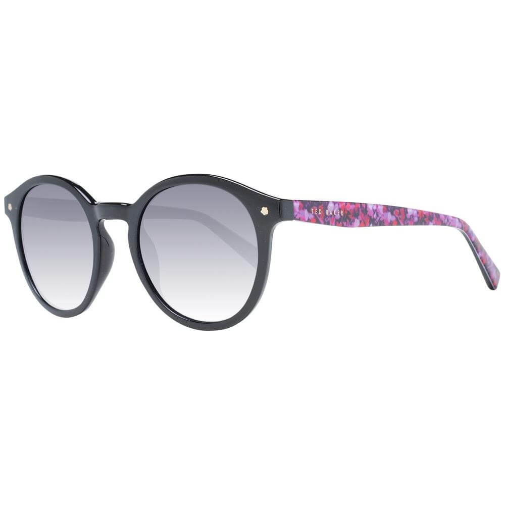Ted Baker black round women's sunglasses with blue gradient lenses and floral temple design, providing 100% UVA & UVB protection.