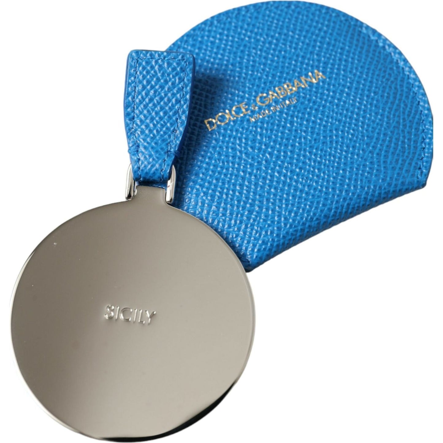 Dolce & Gabbana Blue Calfskin Leather Round Logo Hand Mirror Holder SMY101230
