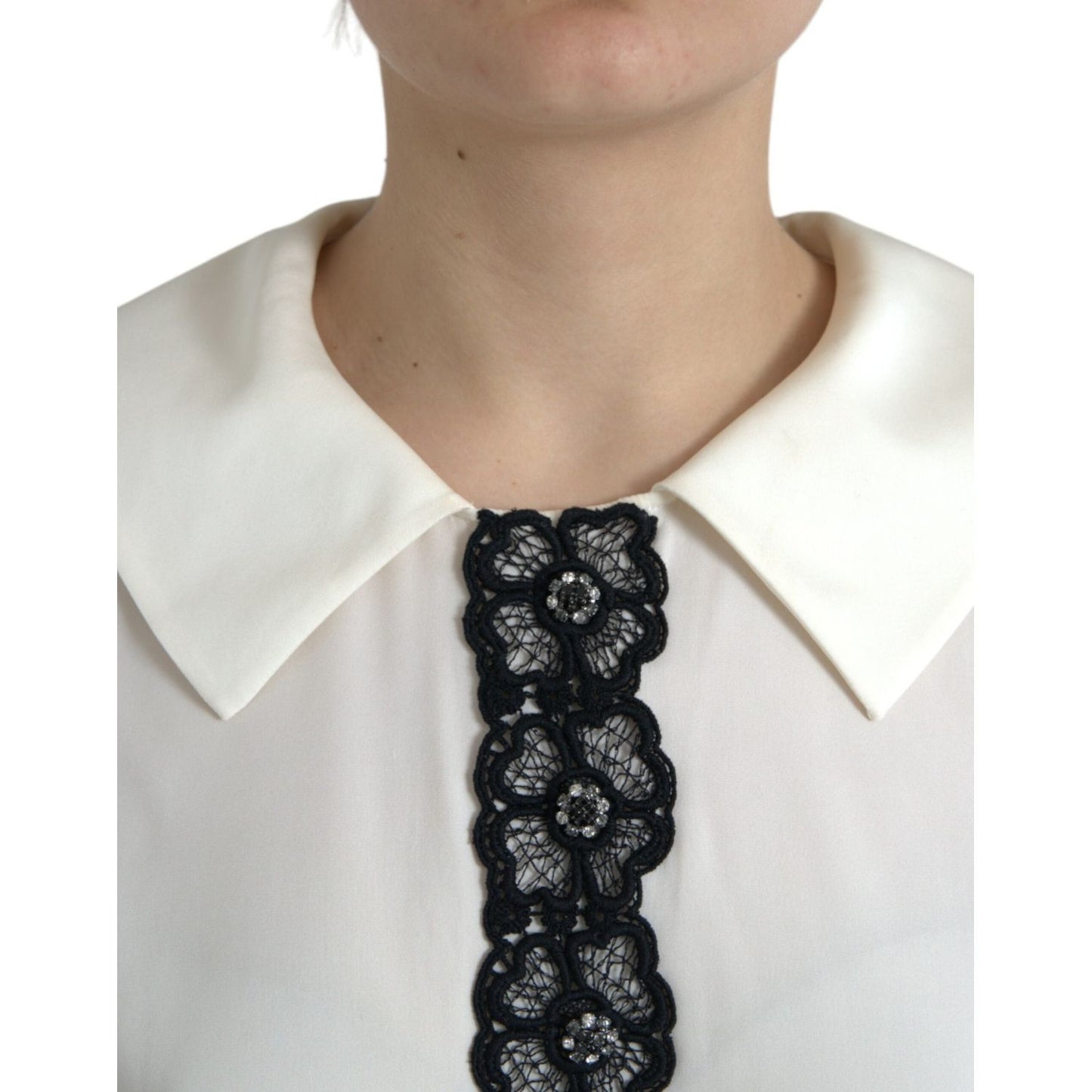 Dolce & Gabbana Off White Silk Lace Trim Short Sleeves Top TSH84840-44