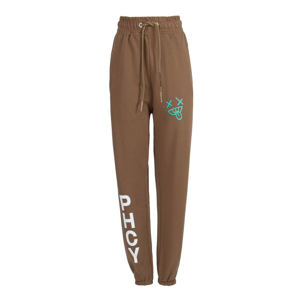 Pharmacy Industry brown cotton women's trousers with white logo print, featuring a relaxed silhouette and drawstring waist.