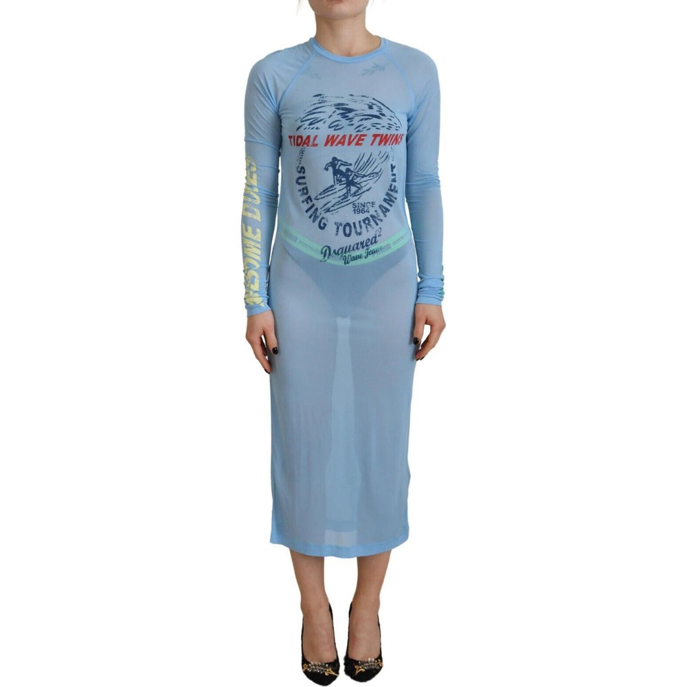 Dsquared² Blue Printed Viscose Long Sleeves Cover Up Dress DR28834