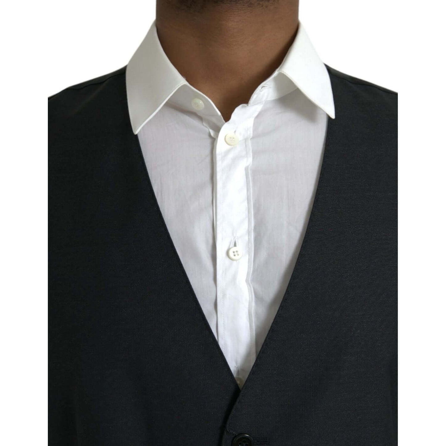 Dolce & Gabbana black wool waistcoat dress with white shirt, single-breasted formal vest, elegant men's fashion, close-up view