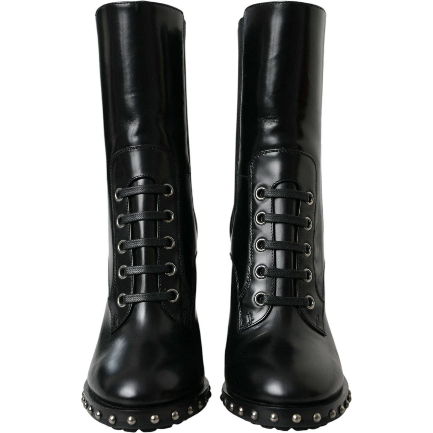 Dolce & Gabbana Black Leather Studded Lace Up Boots Shoes Dolce & Gabbana Black