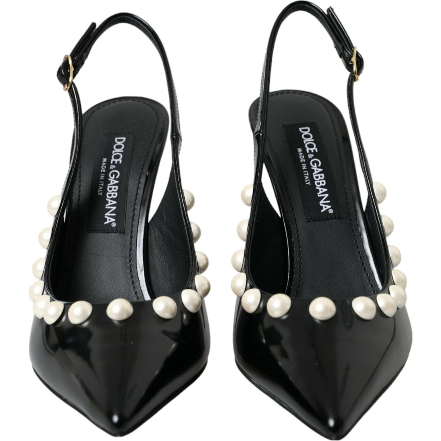 Dolce & Gabbana Black Leather Faux Pearl Heel Slingback Shoes Dolce & Gabbana Dark Slate Gray