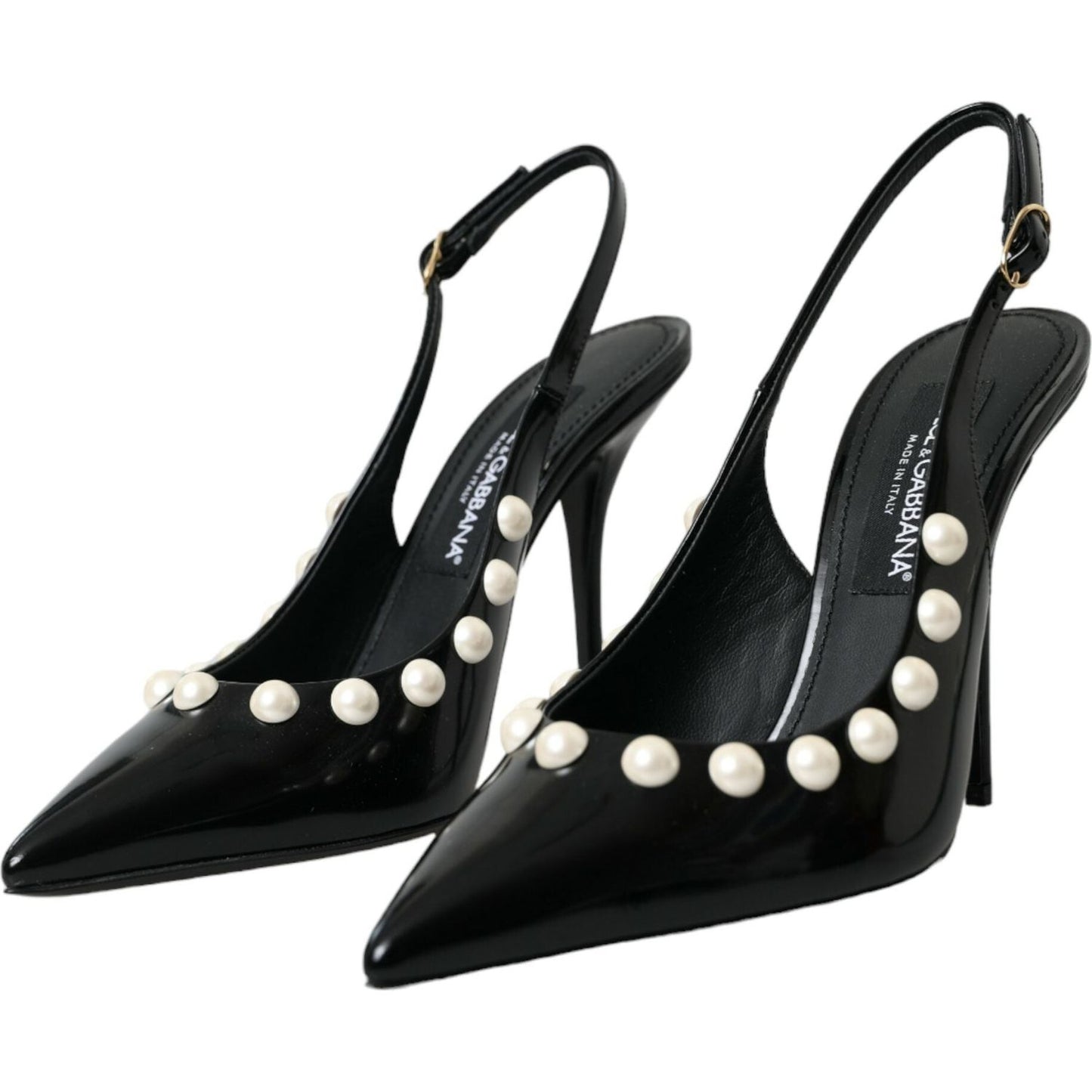 Dolce & Gabbana Black Leather Faux Pearl Heel Slingback Shoes Dolce & Gabbana Black