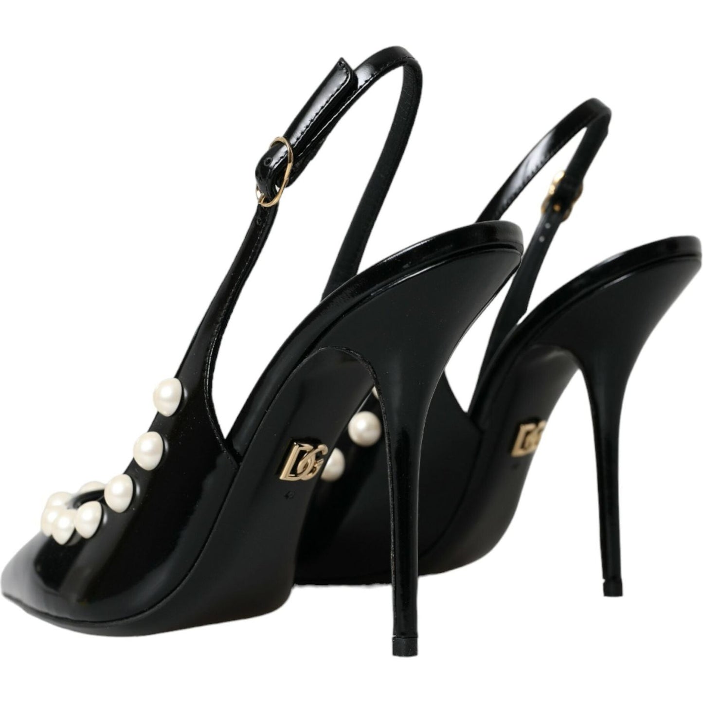 Dolce & Gabbana Black Leather Faux Pearl Heel Slingback Shoes Dolce & Gabbana Black