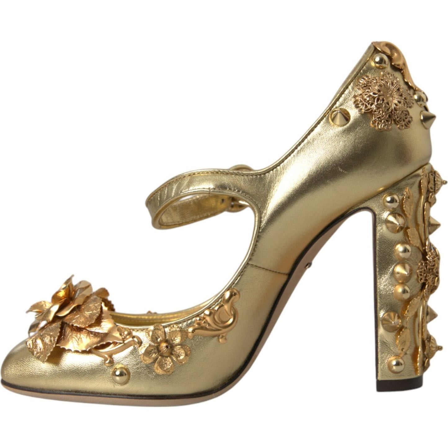 Dolce & Gabbana Gold Leather Crystal Mary Janes Pumps Shoes Dolce & Gabbana Dim Gray