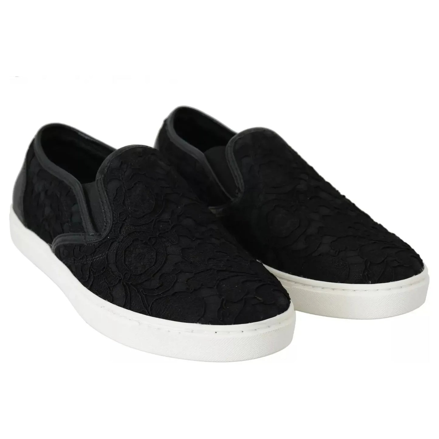Dolce & Gabbana Black Lace Leather Logo Flat Slip-On Sneakers Dolce & Gabbana Light Gray
