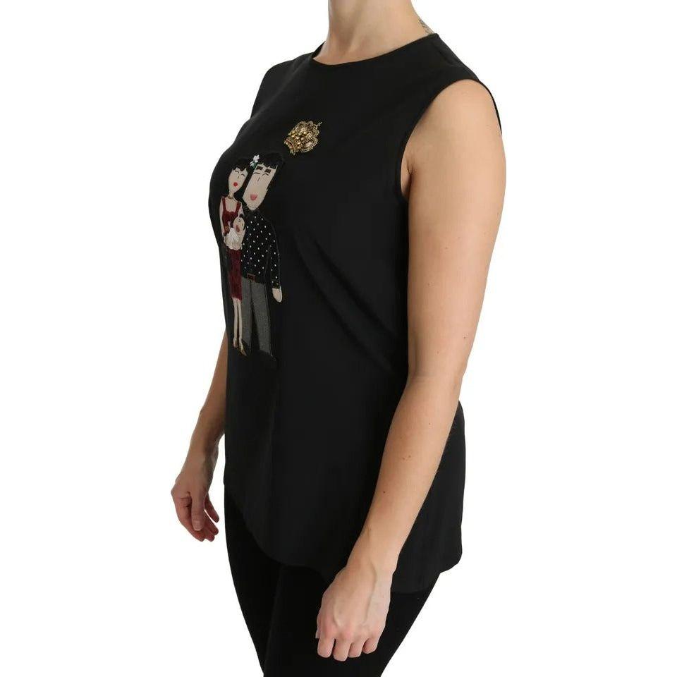 Dolce & Gabbana Black Silk DG Family Crystal Sleeveless Top Dolce & Gabbana Black