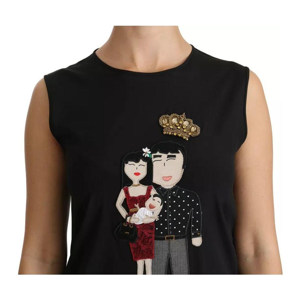 Dolce & Gabbana Black Silk DG Family Crystal Sleeveless Top Dolce & Gabbana Tan