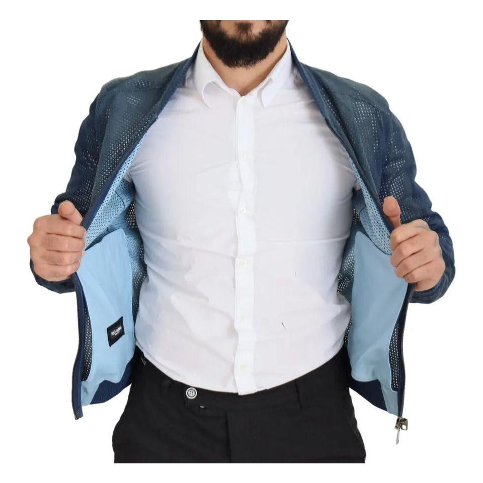 Dolce & Gabbana Blue Leather Perforated Full Zip Jacket Dolce & Gabbana Dark Slate Gray