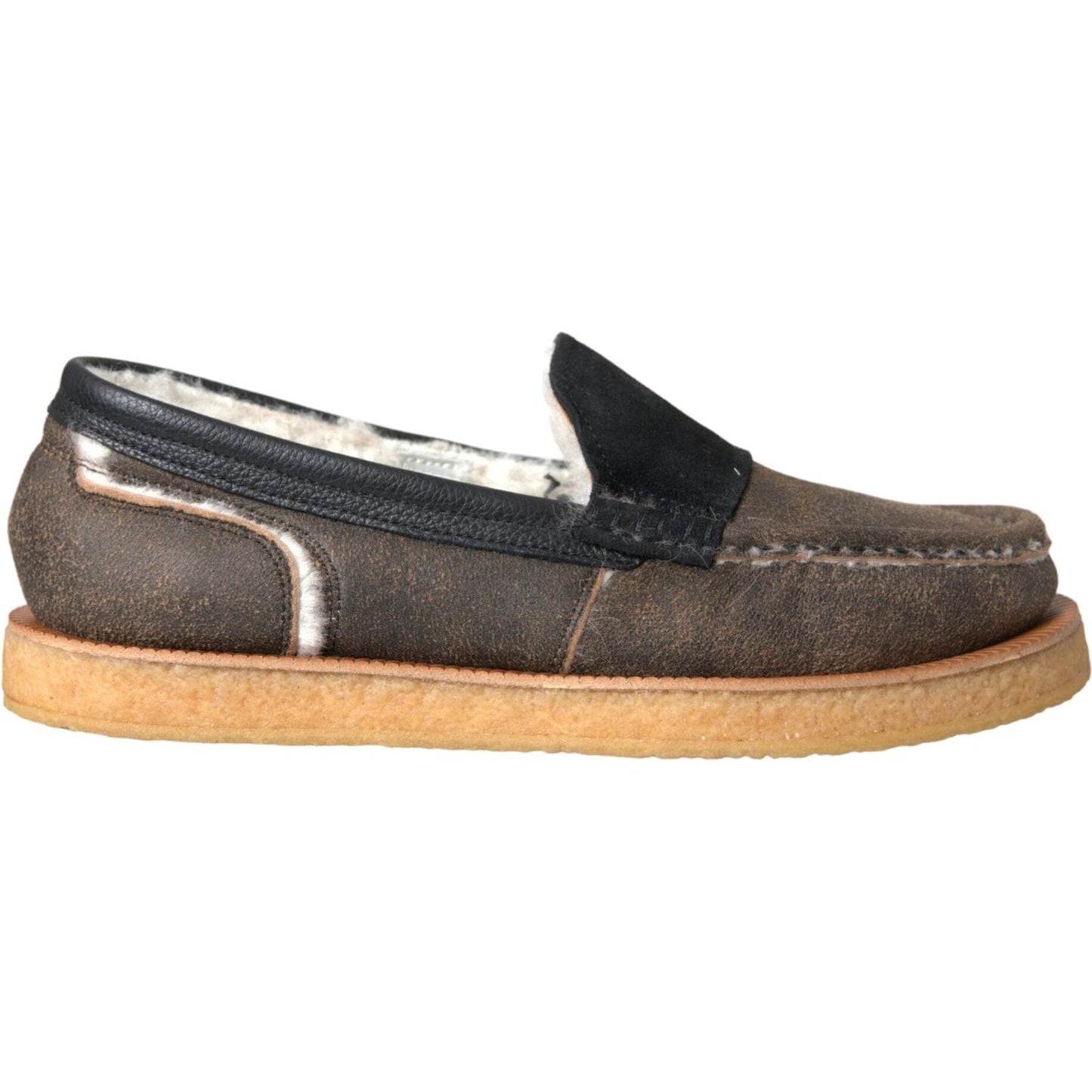 Dolce & Gabbana Brown Black Fur Leather Loafers Men Shoes MV5742-40.5