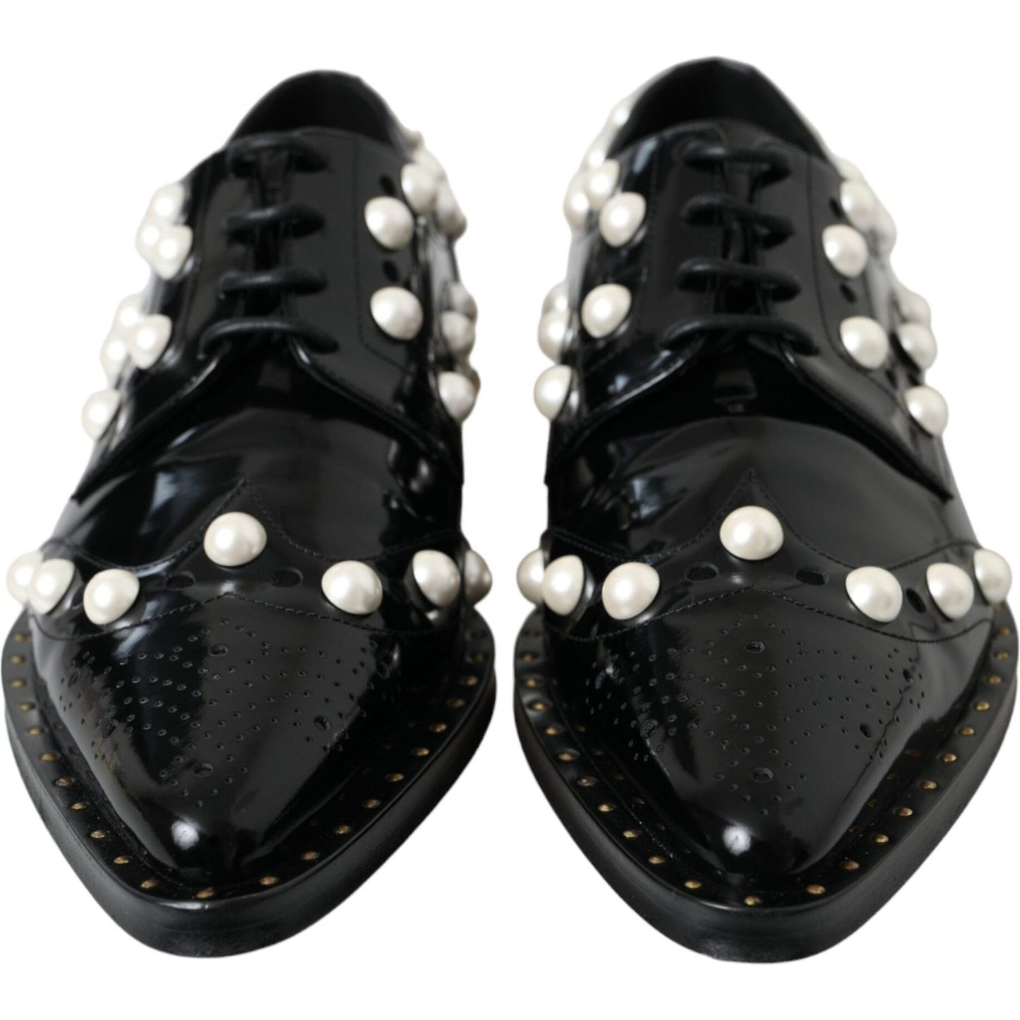 Dolce & Gabbana Black Leather Faux Pearl Dress Broque Shoes Dolce & Gabbana Black