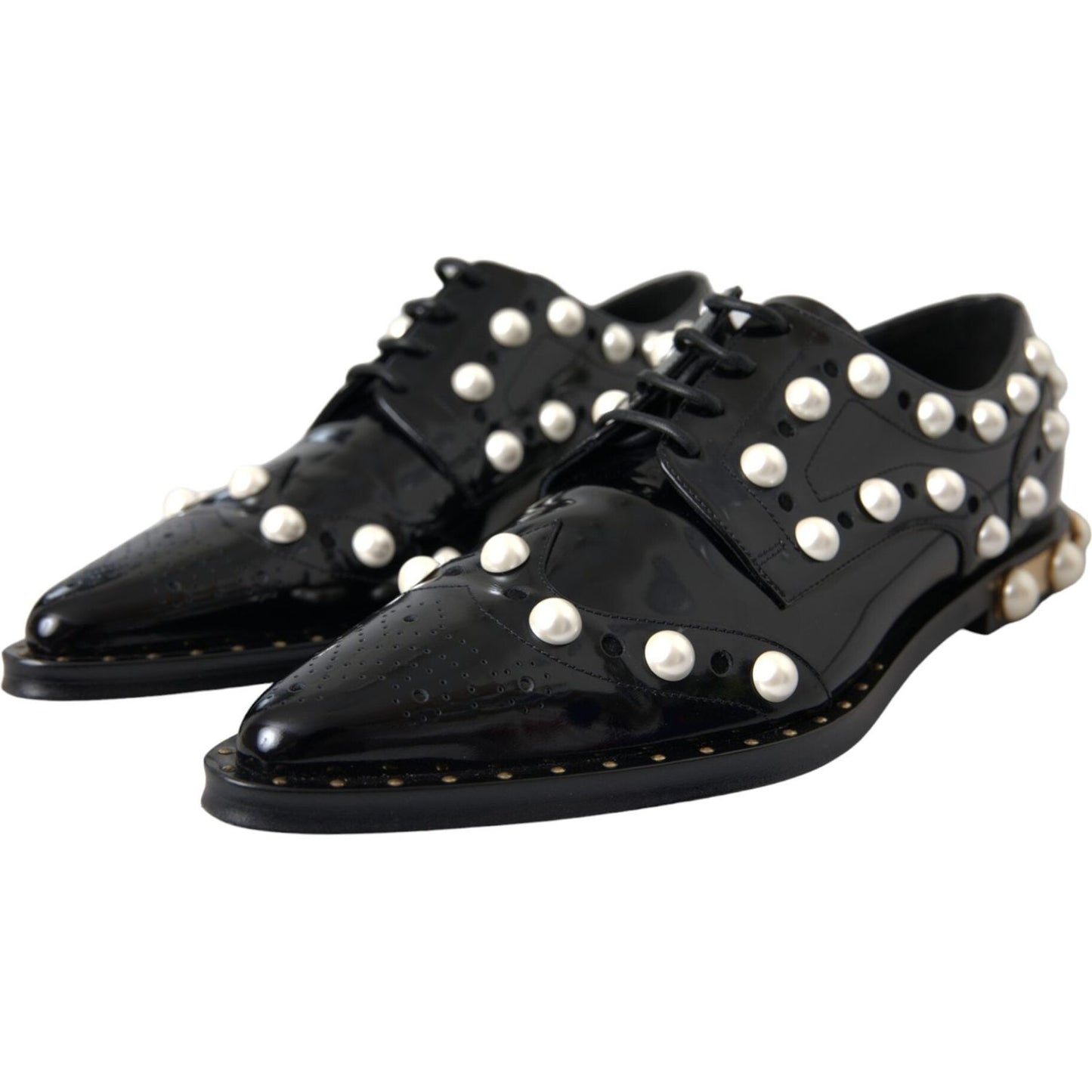 Dolce & Gabbana Black Leather Faux Pearl Dress Broque Shoes Dolce & Gabbana Dark Slate Gray