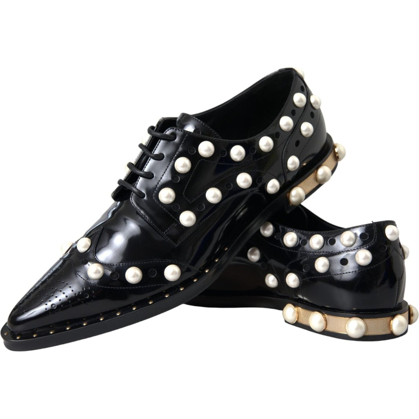 Dolce & Gabbana Black Leather Faux Pearl Dress Broque Shoes Dolce & Gabbana Black