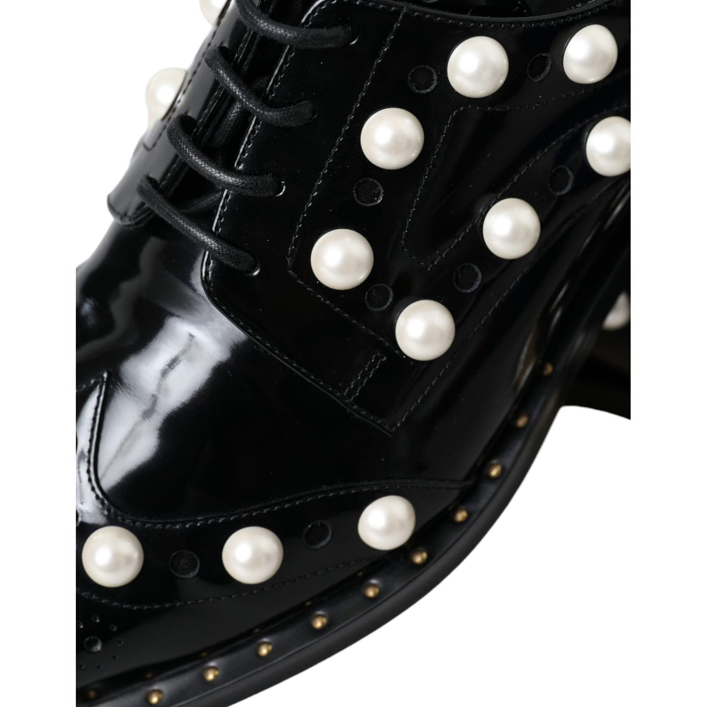 Dolce & Gabbana Black Leather Faux Pearl Dress Broque Shoes Dolce & Gabbana Black